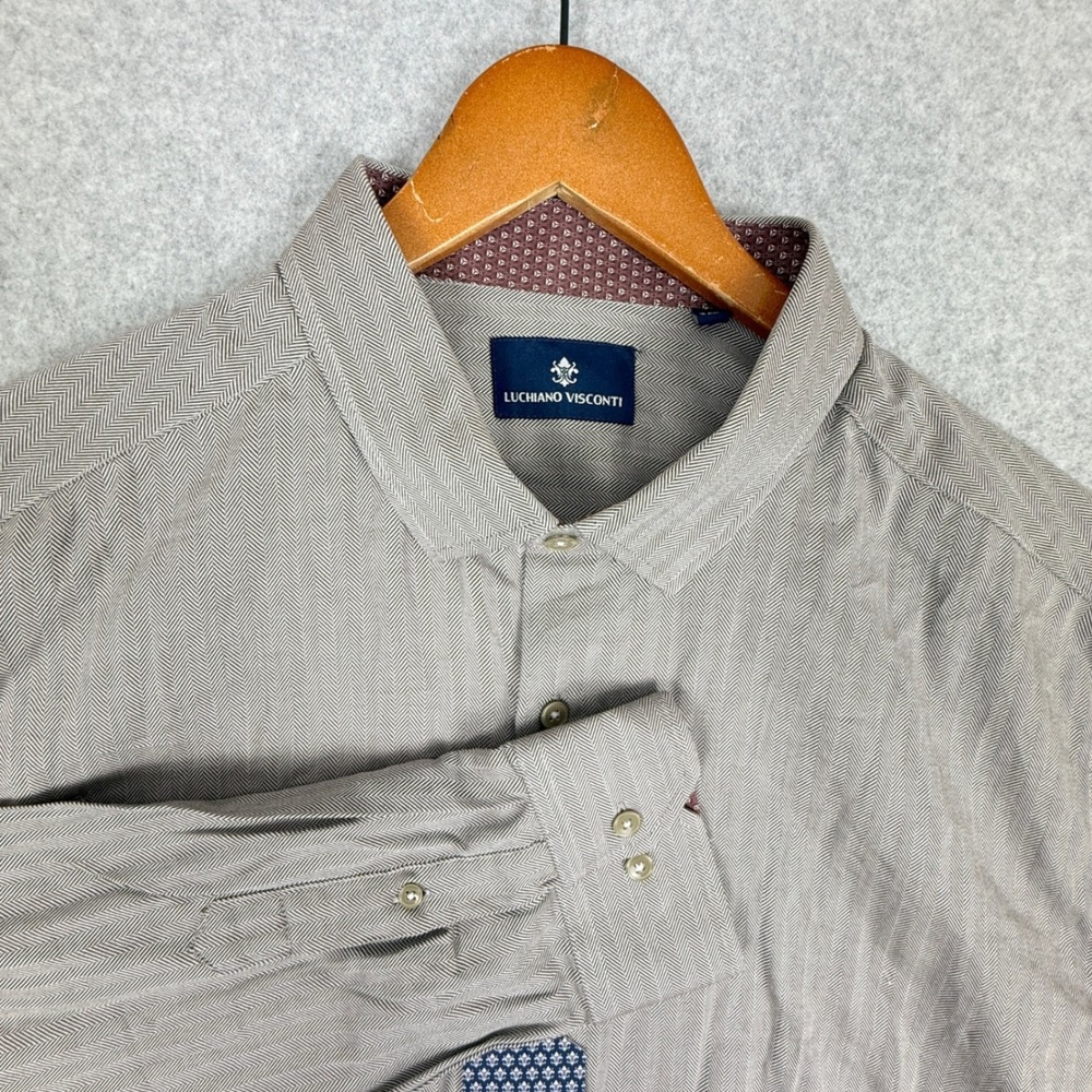 Luchiano Visconti Brown White Herringbone Button Down Shirt Mens‎ 2XL New